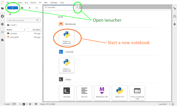 Showing launcher page and creating new notebook