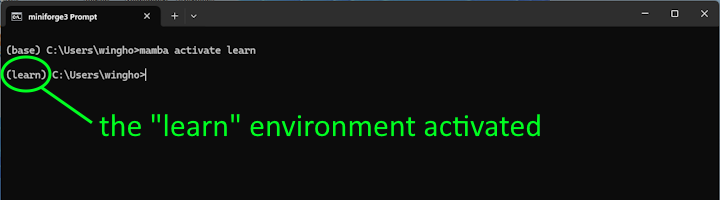 A terminal with the "learn" environment activated